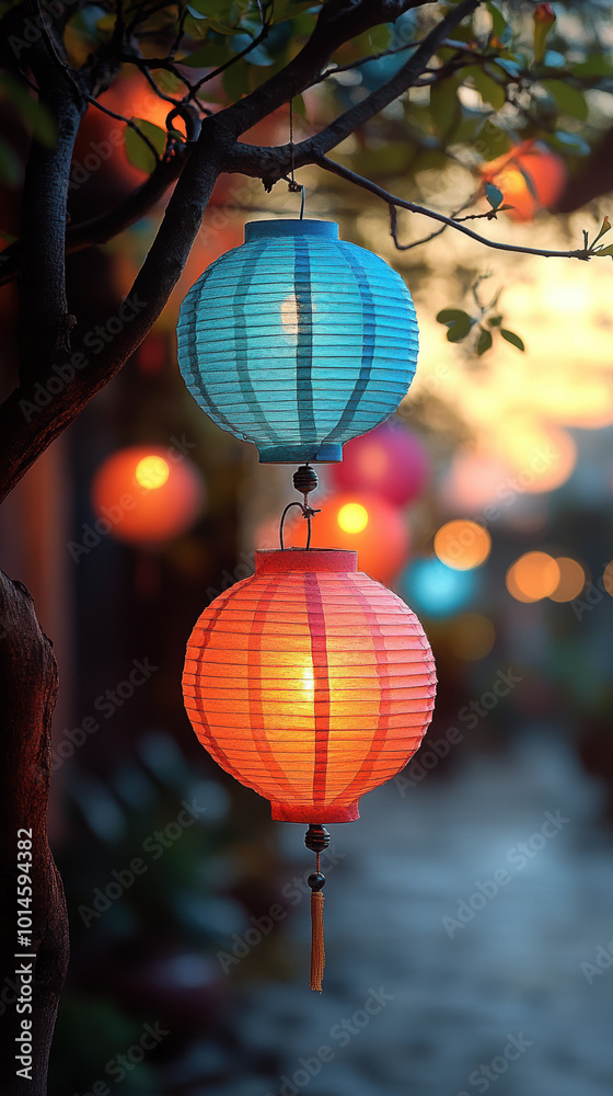 Obraz premium A pair of beautifully lit lanterns hanging, symbolizing the festive spirit and joy of Diwali celebrations.