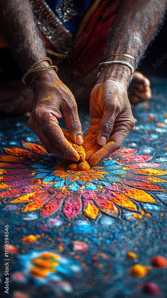 Hands skillfully arranging colorful flowers into a vibrant rangoli design for festive celebrations. Hands skillfully arranging colorful flowers into a vibrant rangoli design for festive celebrations.