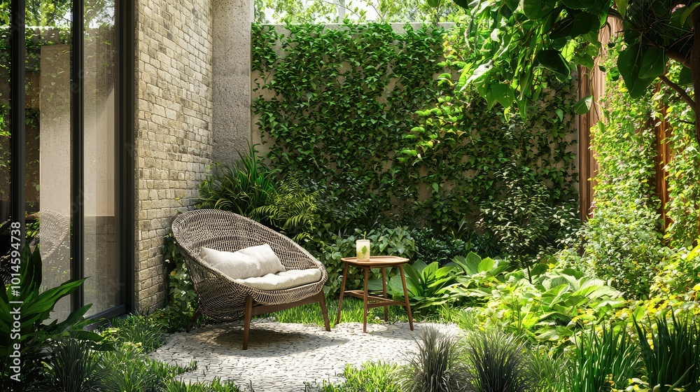 A serene garden retreat featuring a cozy chair and lush greenery, perfect for relaxation and nature appreciation. A serene garden retreat featuring a cozy chair and lush greenery, perfect for relaxation and nature appreciation.