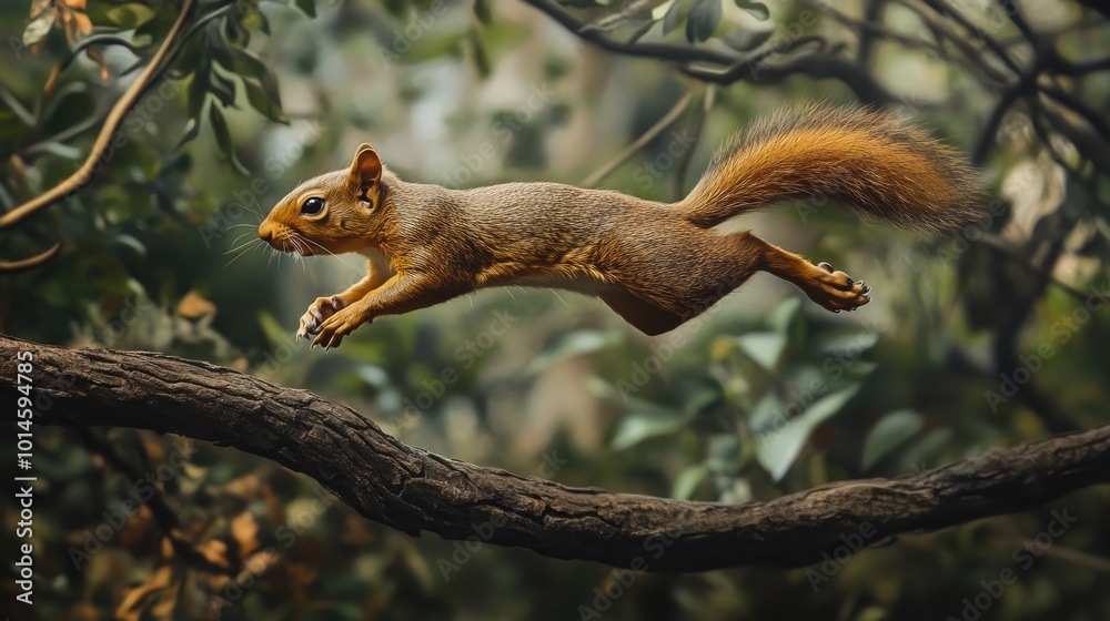 A dynamic shot of a squirrel leaping from one tree branch to another, its body mid-air with its tail trailing behind, showcasing its agility and grace A dynamic shot of a squirrel leaping from one tree branch to another, its body mid-air with its tail trailing behind, showcasing its agility and grace