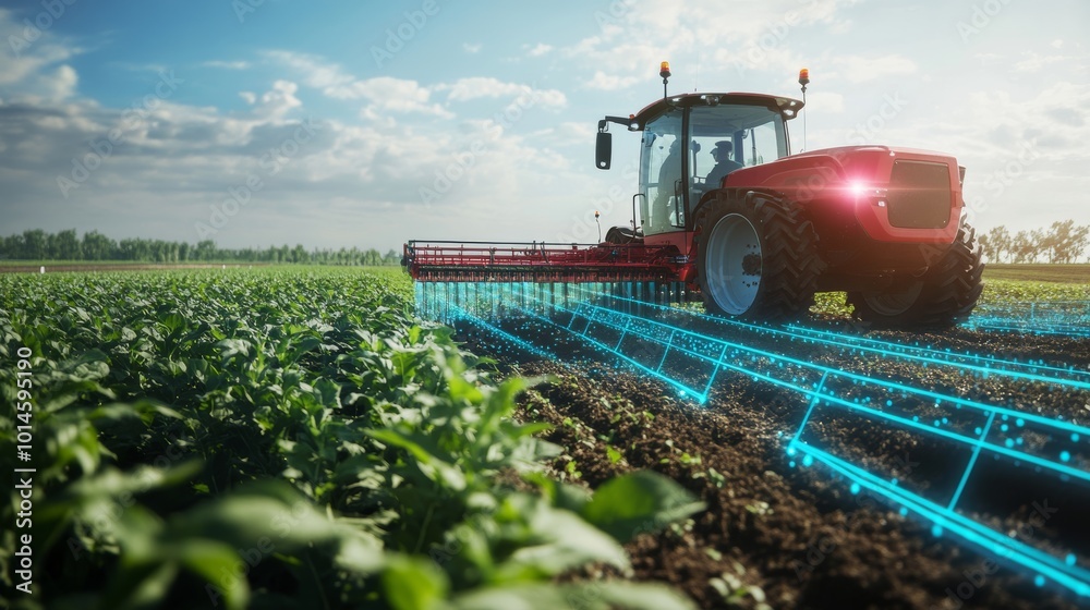 Smart Agriculture with a Tractor in a Field. Smart Agriculture with a Tractor in a Field.