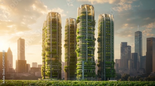 Green Cityscape Sustainable Architecture with Lush Vertical Gardens.