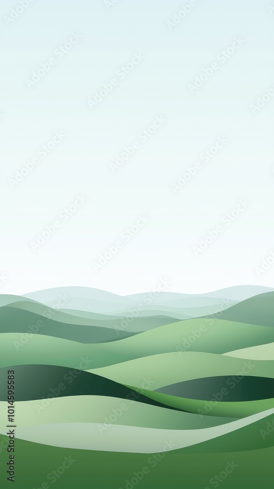 Fototapeta premium A serene landscape with soft rolling green hills against a pale blue sky, perfect for nature and relaxation themes.