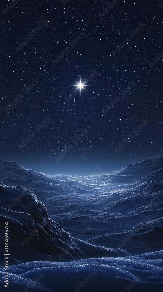 Fototapeta premium A serene night sky illuminates a tranquil landscape, featuring stars twinkling above a soft, snowy terrain.