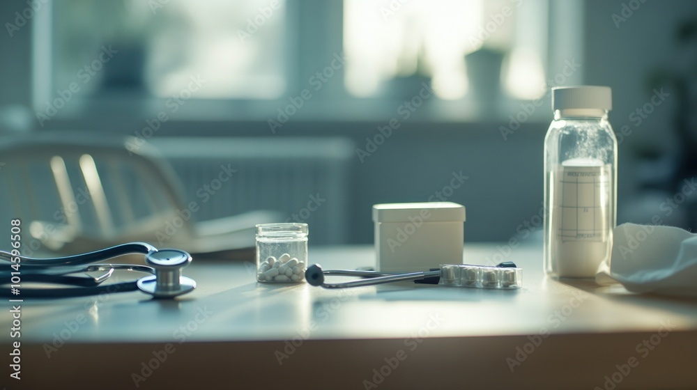 A medical workspace featuring a stethoscope, medication, and a tranquil atmosphere.
