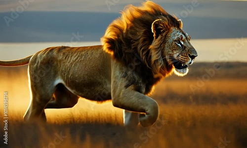 Majestic Lion Running Through The Savanna