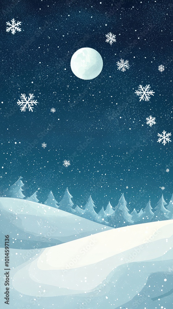 Fototapeta premium A serene winter landscape featuring snow-covered hills, a bright moon, and gently falling snowflakes under a starry night sky.