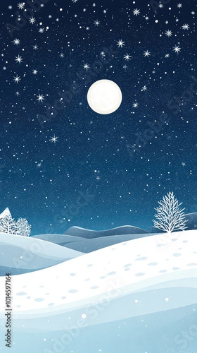 A serene winter landscape under a starry night sky, featuring a bright moon and softly glistening snow-covered hills.