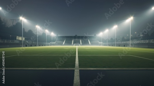 A deserted soccer field illuminated by bright lights at night photo