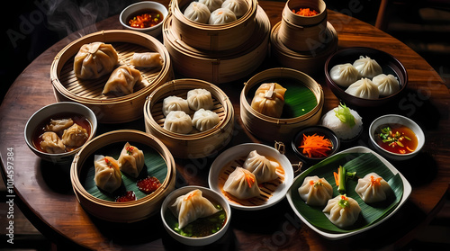 Dim Sum Steaming Hot Dumplings With Dipping Sauce And Chives In Bamboo Steamer