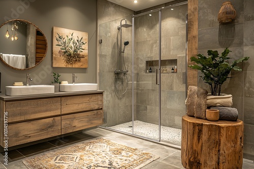 Elegant Modern Bathroom with Gray Tiles and Wood Accents