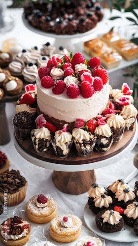 A stunning display of gourmet cupcakes and a beautiful cake topped with fresh raspberries, perfect for any celebration.