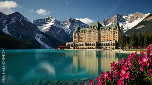 Majestic Mountain Resort with Lake and Flowers photo