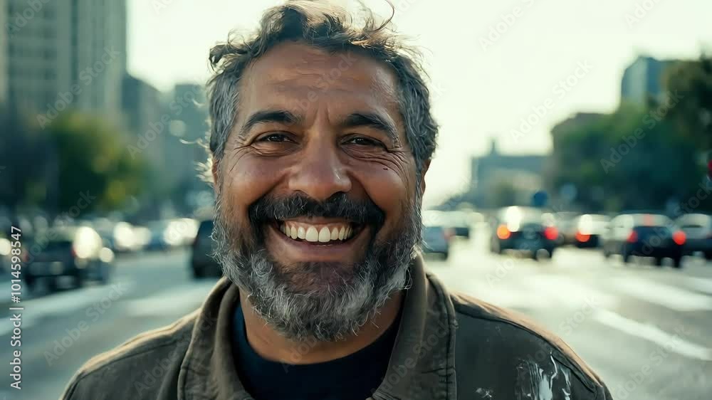 Hispanic homeless man with a scruffy beard stands near a busy intersection, wearing a torn jacket and dirty pants, smiling at the camera. The bustling city with cars fills the background Hispanic homeless man with a scruffy beard stands near a busy intersection, wearing a torn jacket and dirty pants, smiling at the camera. The bustling city with cars fills the background