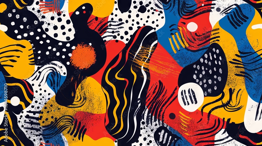 A colorful abstract painting with a lot of different shapes and patterns A colorful abstract painting with a lot of different shapes and patterns