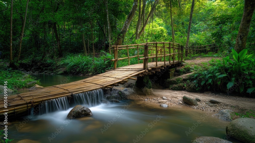 A serene image of a bamboo bridge crossing a small stream in a tropical forest, illustrating the connection between nature and traditional craftsmanship A serene image of a bamboo bridge crossing a small stream in a tropical forest, illustrating the connection between nature and traditional craftsmanship