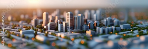 A detailed miniature model of a modern city with skyscrapers and green spaces, captured at sunset with soft lighting, showcasing urban development and planning.