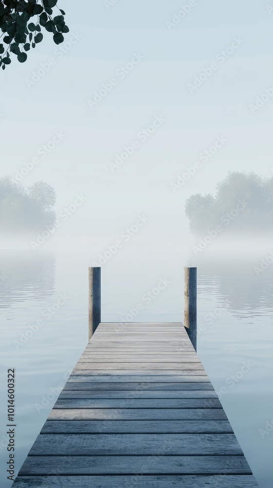 Fototapeta premium A tranquil wooden dock extending into a foggy lake, surrounded by calm waters and soft morning light.