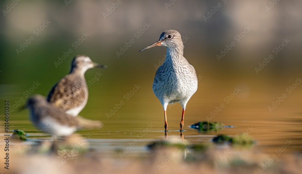 Common Redshank (Tringa totanus) is a migratory bird that feeds on worms and molluscs in wetlands in Asia, Europe, America and Africa. Common Redshank (Tringa totanus) is a migratory bird that feeds on worms and molluscs in wetlands in Asia, Europe, America and Africa.