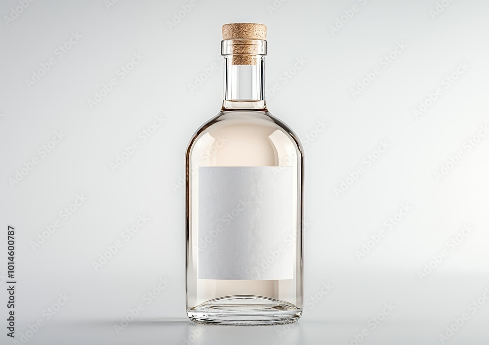 A clear glass bottle with a cork, featuring a blank label, sitting on a light background, suggests minimalist design and potential for various contents. A clear glass bottle with a cork, featuring a blank label, sitting on a light background, suggests minimalist design and potential for various contents.
