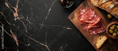 Black marble background with an empty space in the center, featuring Spanish jamon and olives on dark wood.  photo