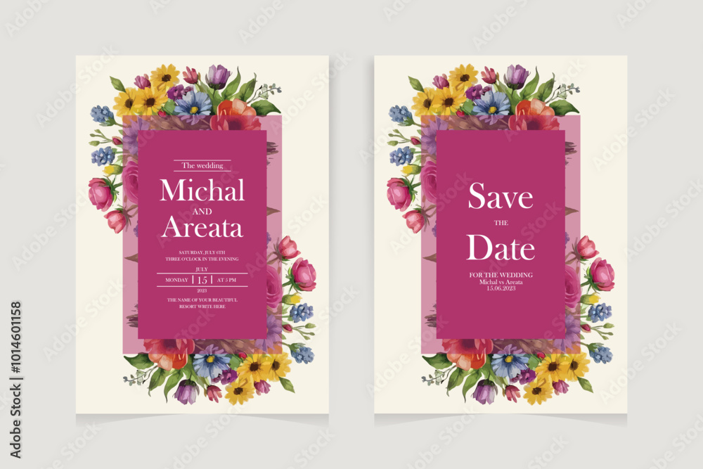 Obraz premium Watercolor wedding set. Set of card with leaves and golden geometric frame. Design with forest green leaves, eucalyptus, fern. Floral Trendy templates for banner, flyer, poster, greeting.