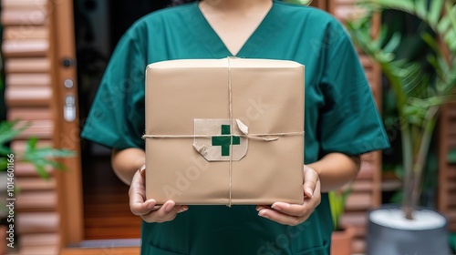 Medical delivery person in uniform holding prescription drug package with medical cross symbol, standing at modern hospital entrance, with copy space for text or design.