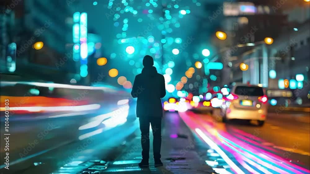 A person stands still on a city street, surrounded by vibrant lights and motion blur from passing vehicles at night.