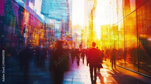 A vibrant cityscape at sunset, with blurred figures walking and colorful reflections on modern buildings.