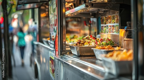 A vibrant food truck showcasing delicious dishes with fresh ingredients, offering a taste of street food culture.