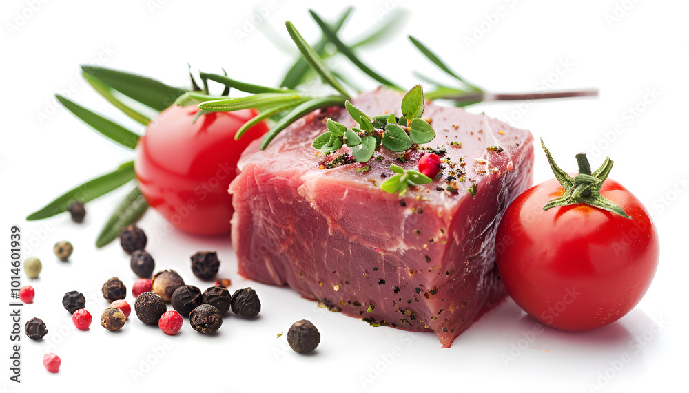 Piece of raw beef meat and spices isolated on white Piece of raw beef meat and spices isolated on white