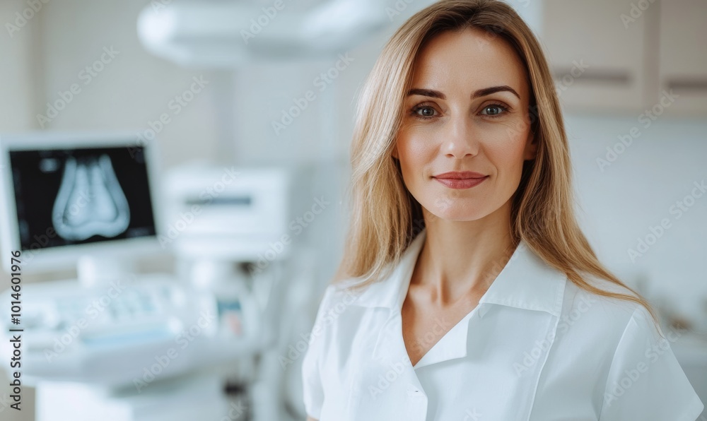 A healthcare professional smiles in a clinic, with ultrasound imaging equipment behind her showing a detailed gynaecological scan, demonstrating her proficiency in patient care. A healthcare professional smiles in a clinic, with ultrasound imaging equipment behind her showing a detailed gynaecological scan, demonstrating her proficiency in patient care.