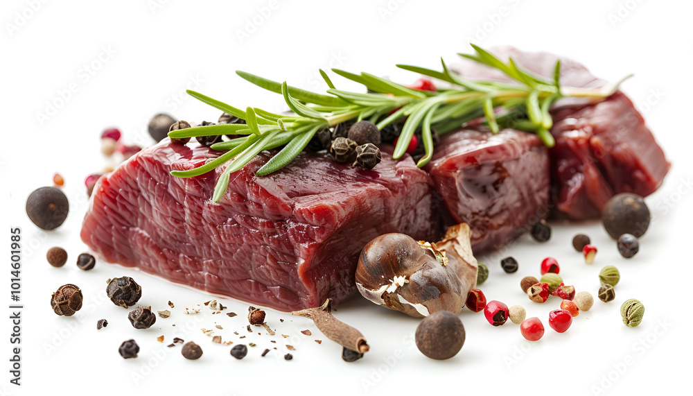 Piece of raw beef meat and spices isolated on white Piece of raw beef meat and spices isolated on white