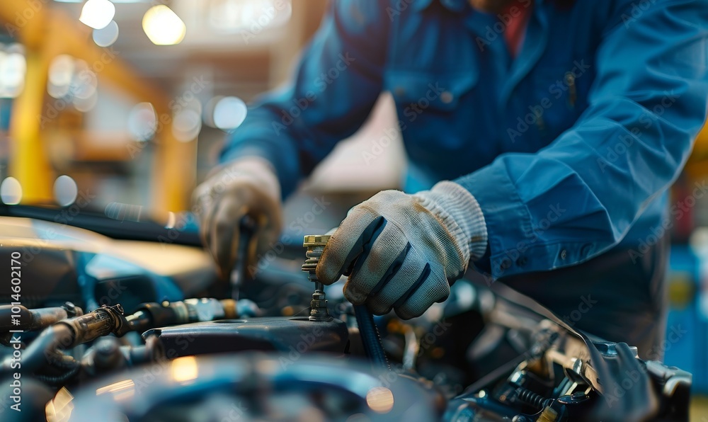 A car engine repairer in a bright industrial workshop during daytime hours. A car engine repairer in a bright industrial workshop during daytime hours.