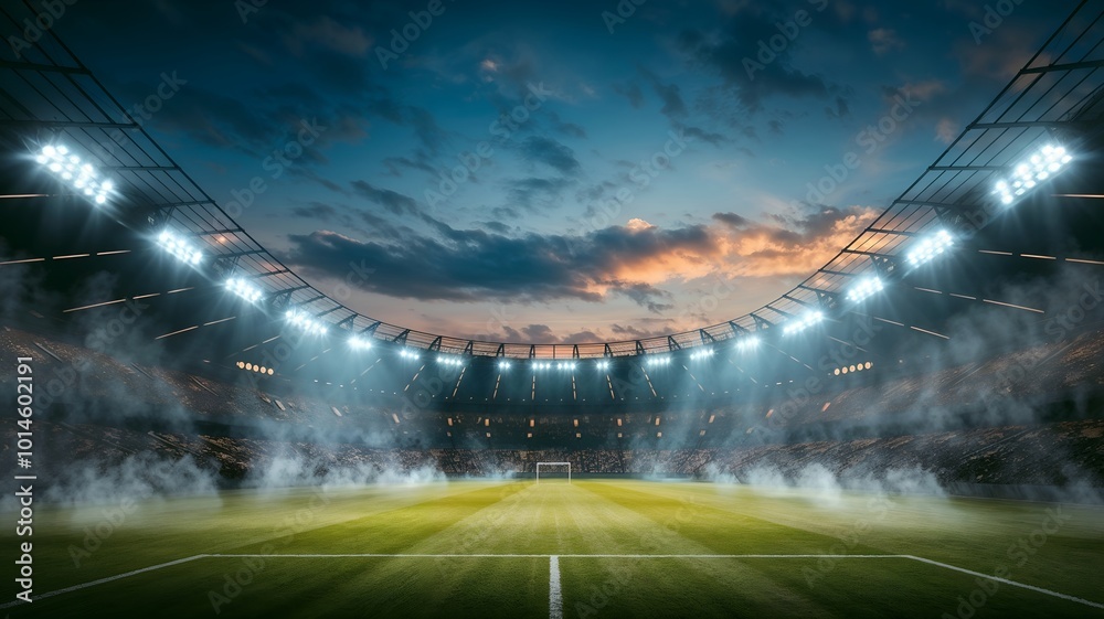 Majestic Nighttime Stadium Views: Panoramic Shots with Dramatic Skies, Vibrant Lights, and Smoky Atmosphere, Soccer/Football Field Stadium Celebration Smoke Wallpaper Copy Space Background