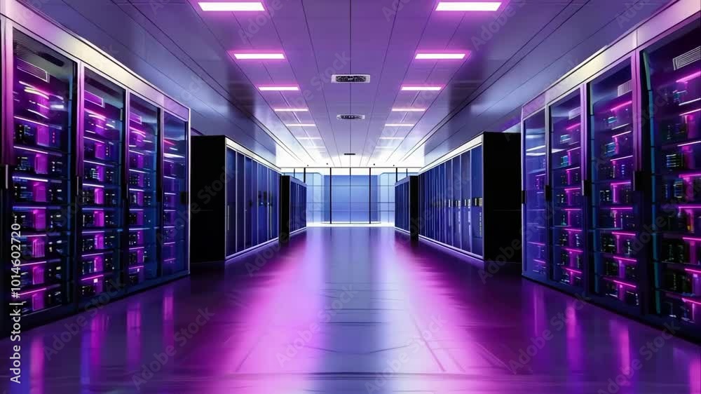 A futuristic data center corridor with racks of servers illuminated by purple and blue lighting. A futuristic data center corridor with racks of servers illuminated by purple and blue lighting.