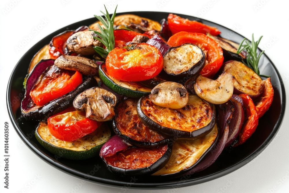 Grilled baked vegetables Eggplant Zucchini Pepper Tomato Mushrooms Onions on a black plate on a white background - generative ai Grilled baked vegetables Eggplant Zucchini Pepper Tomato Mushrooms Onions on a black plate on a white background - generative ai