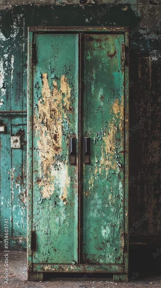 A weathered, green metal cabinet with peeling paint, set against a textured backdrop, showcasing vintage charm and character. A weathered, green metal cabinet with peeling paint, set against a textured backdrop, showcasing vintage charm and character.