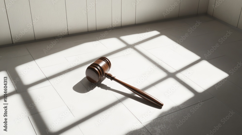 A Wooden Gavel Lies on a White Tiled Floor with Sunlight Streaming Through a Window A Wooden Gavel Lies on a White Tiled Floor with Sunlight Streaming Through a Window