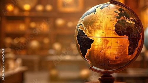A vintage globe displaying a world map, highlighting Africa, set in an antique-themed room with various globes. photo