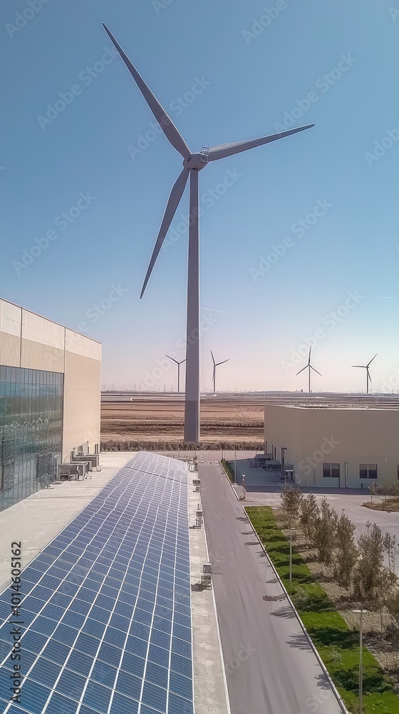 Aerial view of a wind turbine next to a solar panel installation, showcasing sustainable energy solutions in modern architecture. Aerial view of a wind turbine next to a solar panel installation, showcasing sustainable energy solutions in modern architecture.