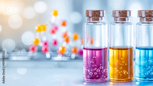 Three clear glass vials contain vibrant pink, yellow, and blue liquids, showcasing bubbling and effervescence, set against a softly blurred backdrop of chemical shapes and colors