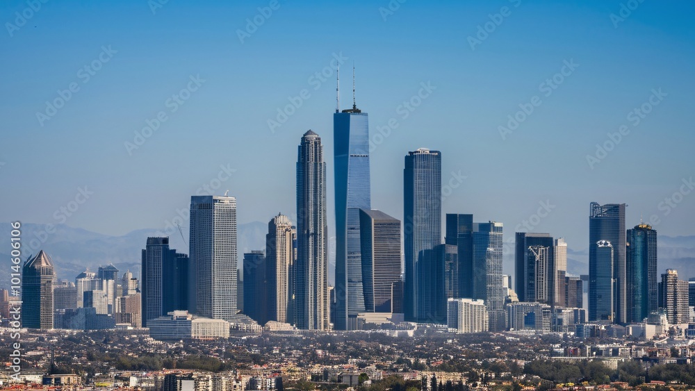 Obraz premium Vibrant Midday City Skyline Under Clear Blue Skies