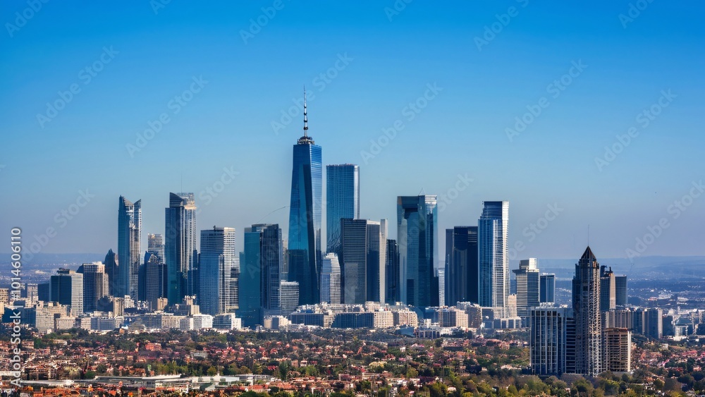 Obraz premium Vibrant Midday City Skyline Under Clear Blue Skies