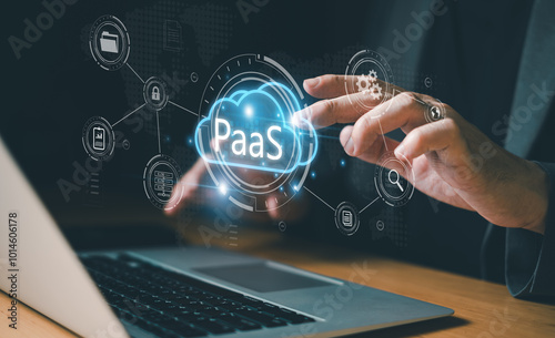 Quadro su tela Hand of business people press the button on Cloud platform as a service PaaS to deploy application or run server on cloud