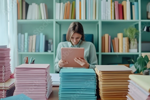 Organized Home Office with Woman Reviewing Schedule on Tablet