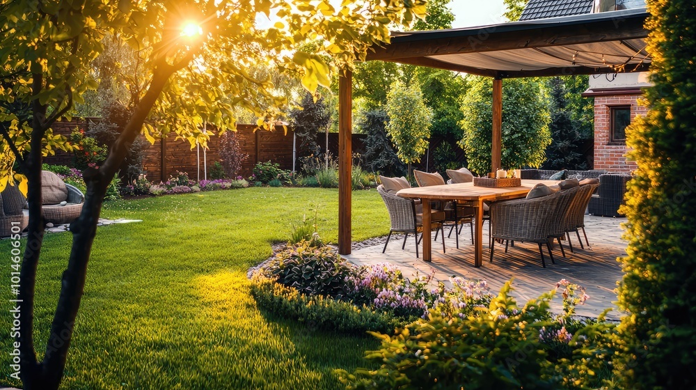 Beautiful backyard with sunlit patio, green lawn, and dining area perfect for outdoor gatherings and relaxation. Beautiful backyard with sunlit patio, green lawn, and dining area perfect for outdoor gatherings and relaxation.