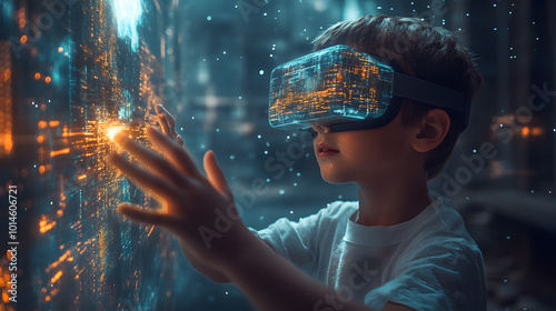 A young boy wearing VR glasses interacts with a virtual environment using his hands, symbolizing the exciting possibilities of virtual reality technology. The immersive scene captures the boy’s fascin photo