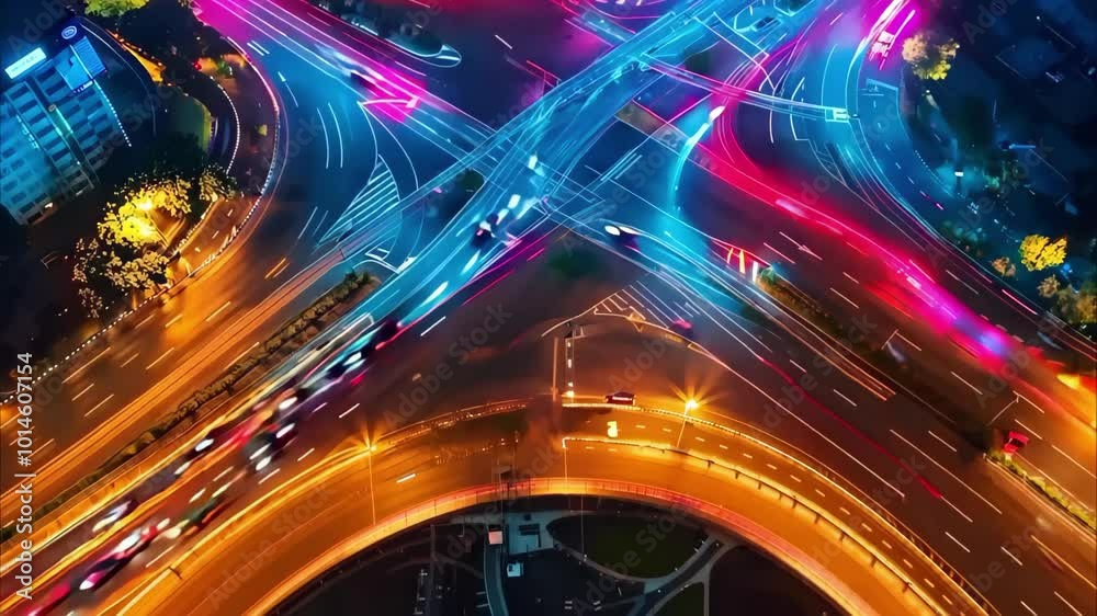A vibrant night view of a busy intersection with colorful light trails from moving vehicles.