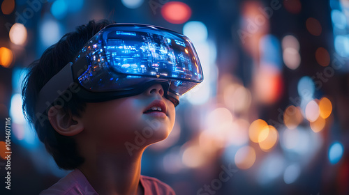 A young boy wearing VR glasses interacts with a virtual environment using his hands, symbolizing the exciting possibilities of virtual reality technology. The immersive scene captures the boy’s fascin